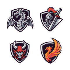 Fototapeta premium Fantasy Creature Emblems: Dragon, Knight, Demon, Phoenix - Vector Icons