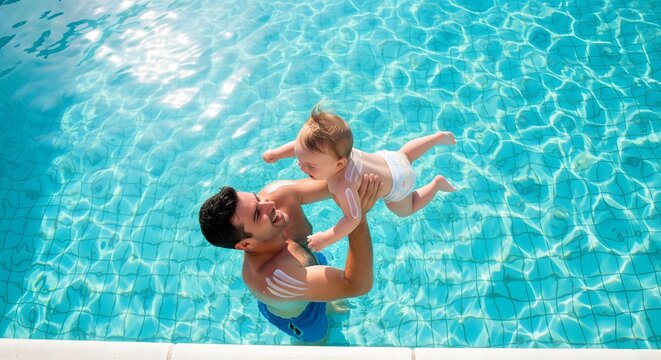 Father lifting baby son in swimming pool with sunscreen on skin