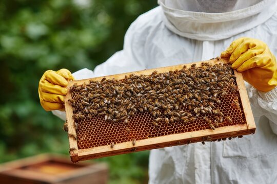 Expert beekeeper in protective suit carefully inspects a hive frame filled with busy bees on a sunny day in nature. World Honey Bee Day