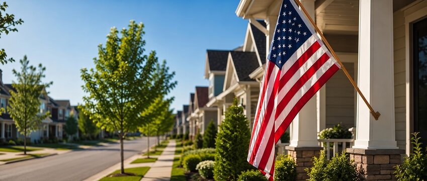 American flag waving hanging on a porch in a typical US suburban neighborhood. 4th of July Independence Day, Memorial Day, Labor Day, and Veterans Day celebratory concept banner