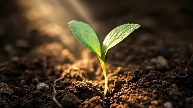 Seedling Sprout Leaf Growth In Rich Soil Under Warm Sunlight, Young Green Plant Nature Agriculture Renewal New Life