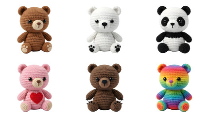 Fototapeta premium Set of six cute crochet teddy bears isolated on transparent background