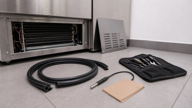 Tools and parts for refrigerator maintenance on the floor in a kitchen setting