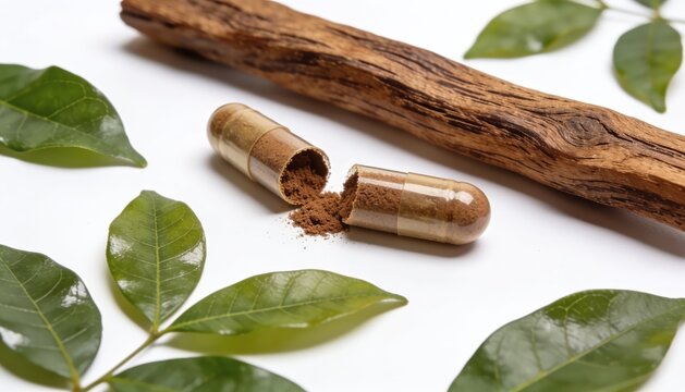 Tongkat Ali Powder with Capsules on Fresh Green Leaves