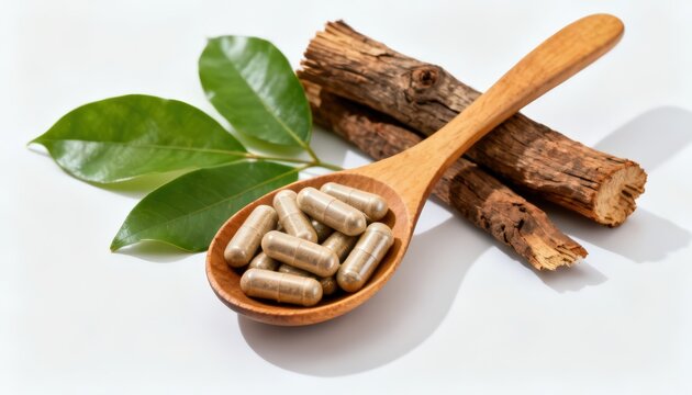 Tongkat Ali Capsules in Wooden Spoon with Root Chips and Green Leaves