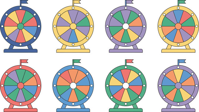Set of colorful prize wheels isolated on white background vector illustration featuring lucky spin wheels for contests, giveaways and reward game concepts.