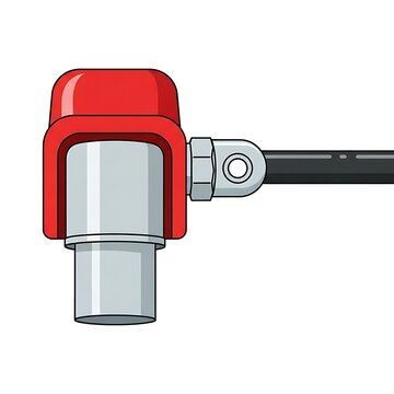 Red plastic bottle with spray nozzle on white background.
