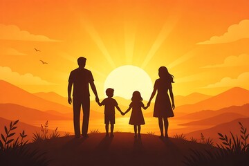 Obraz premium Heartwarming illustration of a family silhouette standing on a scenic hill at sunset, symbolizing everlasting parent love, future hope, and family core values.