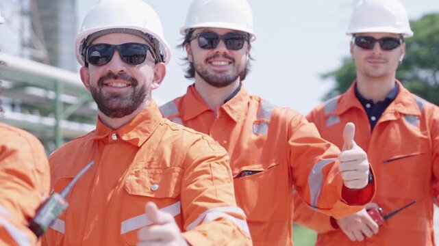 four construction workers in orange uniforms with high-visibility tape and white helmets give thumbs up near large industrial tower during safety inspection, showcasing project success.
