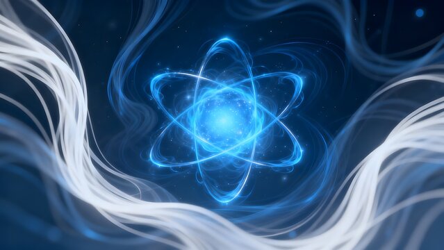 Abstract atomic structure with glowing orbits