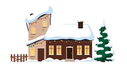 Fototapeta premium Snowy house with christmas lights, winter holiday home illustration