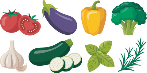 Set of colorful vegetable and herb vector illustrations representing kitchen ingredients, natural nutrition and vegetarian lifestyle themes for restaurant menus, grocery branding and food packaging. © Dalim 4