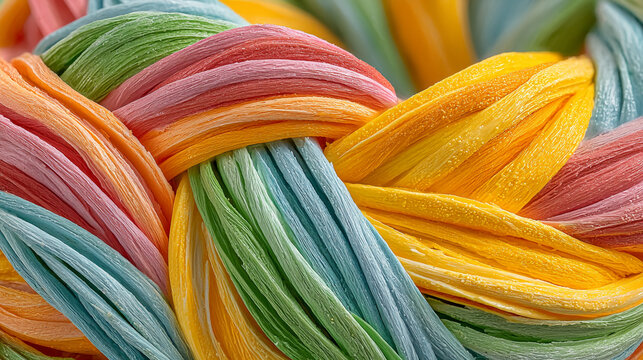 Macro view of interwoven colorful fabric strands with colorful material close-up background