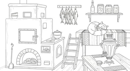 Obraz premium Vintage kitchen with wood-fired oven, cooking concept, illustration