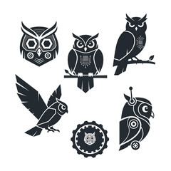 Fototapeta premium Robotic Owl Icons Set: Technology, Wisdom, and Modern Design