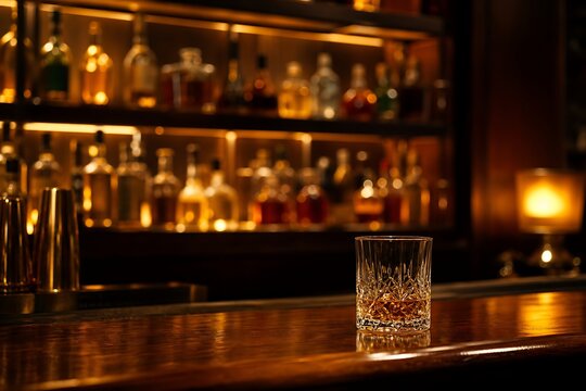 A crystal tumbler glass of premium whiskey on a dark wooden bar counter, conveying ultimate luxury, sophisticated nightlife, and refined hospitality relaxation.