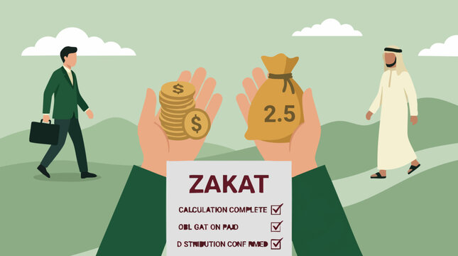 Zakat: Islamic charitable giving concept with wealth calculation and obligation