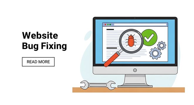 Website bug fixing service on computer screen with tools