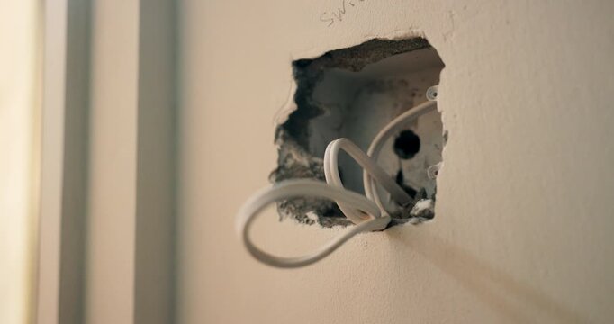 Wall, cable and open with outlet for electrical work, protection or wiring safety in building. Empty, hole or electric installation with power for system maintenance, fitting or home improvement