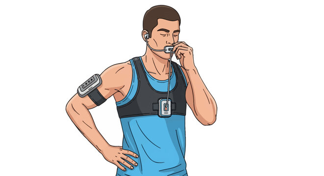 Modern hand-drawn vector illustration of a male athlete wearing metabolic testing equipment, mouth sensor, chest harness, and armband device for sports science performance analysis.