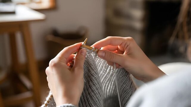 Close up of hands knitting a grey sweater with wooden needles during a cozy indoor crafting session