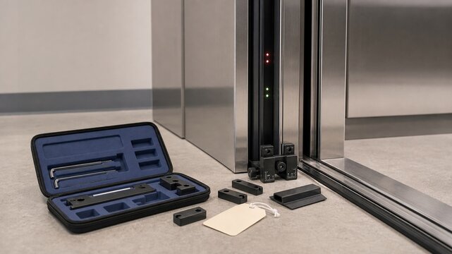 Elevator door repair tools and parts are placed near the elevator doors in a modern building