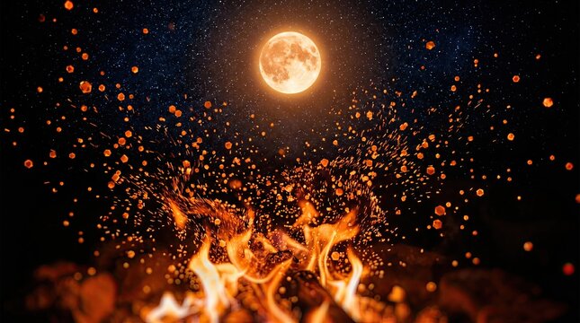 The full moon shines brightly in a dark night sky with sparkling embers and flames rising