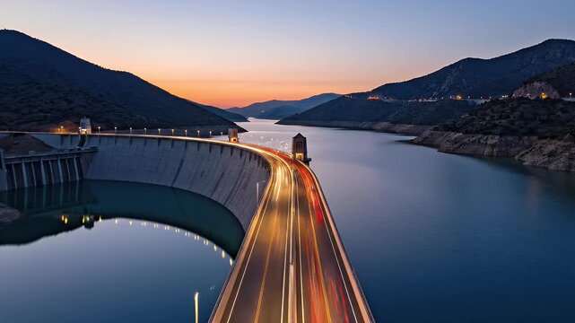 Curved dam at dusk with light trails from vehicles on its roadway
