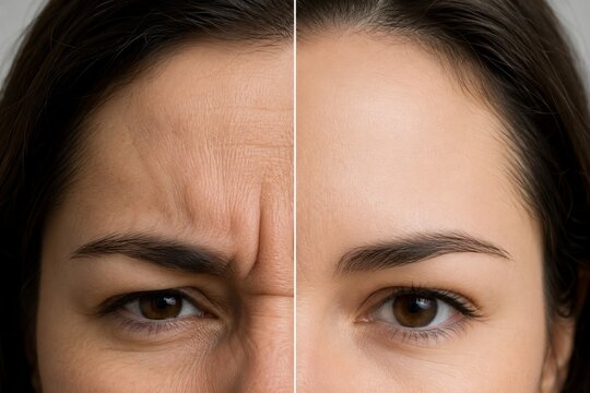 Woman forehead comparison before and after cosmetic treatment. Anti aging skin care concept with frown line reduction. Facial rejuvenation aesthetic procedure results for smooth skin.