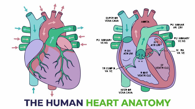 Human Heart Anatomy Diagram Showing Chambers, Valves, and Blood Flow