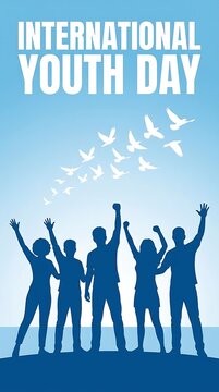 International youth day poster illustration with silhouettes celebrating together under birds