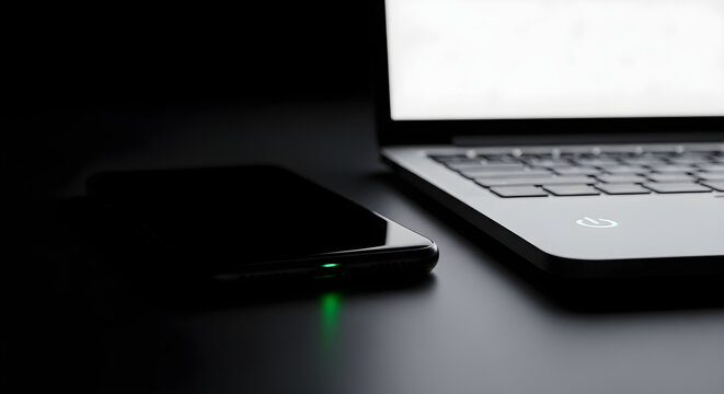 Modern dark workspace with illuminated laptop and mobile phone devices for professional digital communication and remote connectivity