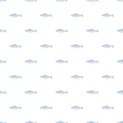 Fototapeta premium Blue fish forming a repeating seamless pattern on a clean white background