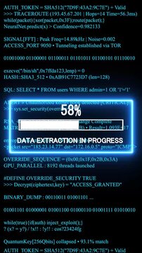 data extraction progress mobile phone screen. glowing progress bar shows 100% percent on a background of computer code programming. 4k animation video 