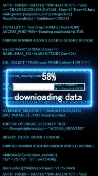 downloading data mobile phone screen. glowing progress bar shows 100% percent on a background of computer code programming. 4k animation video 