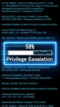 privilege escalation  mobile phone screen. glowing progress bar shows 100% percent on a background of computer code programming. 4k animation video 