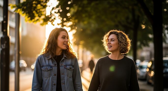 Two young female friends talking while walking together on a city street at sunset.
