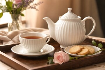 Fototapeta premium Elegant white ceramic teapot and cup with herbal tea served with biscuits and a rose on a wooden tray, conveying a peaceful afternoon tea time and interior comfort.