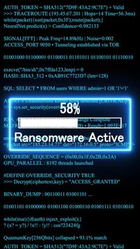 ransomware active mobile phone screen. glowing progress bar shows 100% percent on a background of computer code programming. 4k animation video 