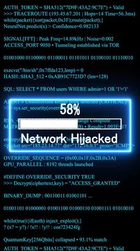 network hijacked mobile phone screen. glowing progress bar shows 100% percent on a background of computer code programming. 4k animation video 