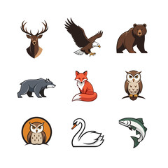 Fototapeta premium Wild Animals Collection: Deer, Eagle, Bear, Fox, Owl, Swan, Wolf, Fish