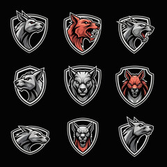 Fototapeta premium Wolf Head Emblems Set, Aggressive Animals, E-sports Logos, Tribal Designs