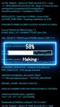hacking mobile phone screen. glowing progress bar shows 100% percent on a background of computer code programming. 4k animation video 