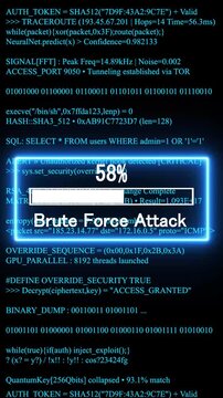 brute force attack mobile phone screen. glowing progress bar shows 100% percent on a background of computer code programming. 4k animation video 