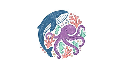 Circular marine life illustration with whale and octopus. © hapy