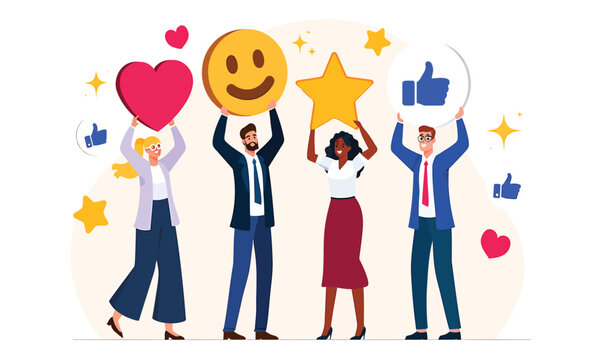 Professional business team members holding various social media feedback icons including hearts and stars and thumbs up in a flat vector graphic style for digital marketing