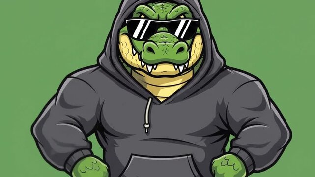 Cartoon alligator in a hoodie and sunglasses on green background