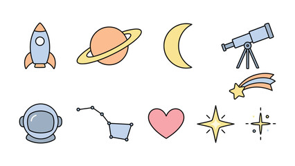 Fototapeta premium Cosmic Icons Collection: A charming assortment of celestial and space-themed icons, including a rocket, Saturn, crescent moon, telescope, astronaut helmet, constellation, heart, and shooting star.