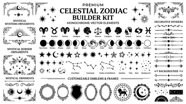 Zodiac Astrology Celestial Symbols Icons.