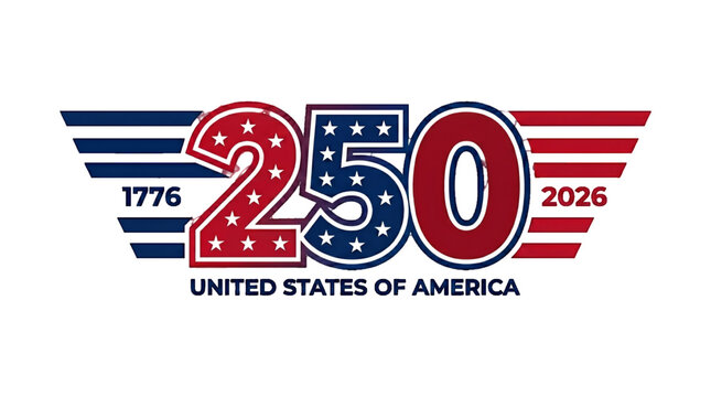 USA Semiquincentennial 250th Anniversary Logo Vector on transparent Background. America 250 Years of Independence Celebration Sign. United States 1776 to 2026 Quarter Millennial Emblem. 